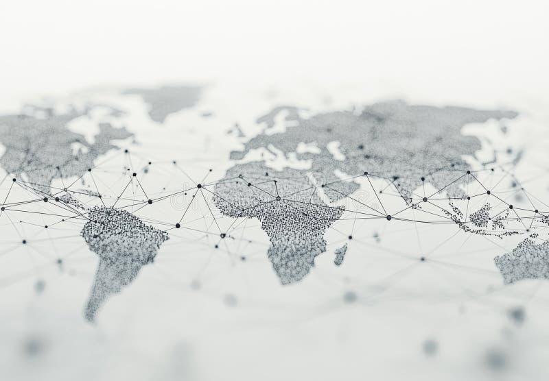 A conceptual image of a global network featuring a world map and connection lines, set against a white and grey technology background. Global network connection map stock images, royalty-free photos and pictures