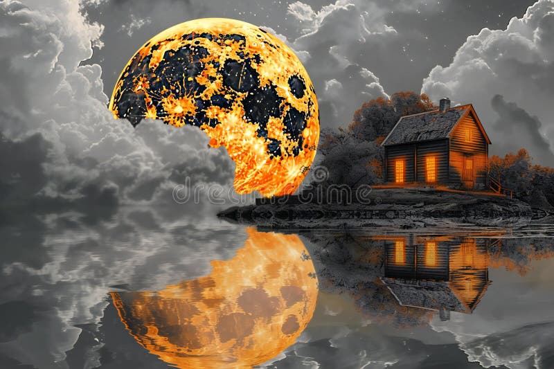 Conceptual image of house destroyed by fire and full moon royalty free illustration