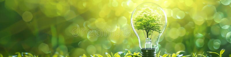 Conceptual image of a light bulb with a tree growing inside representing innovative green energy ideas on an abstract green vector illustration