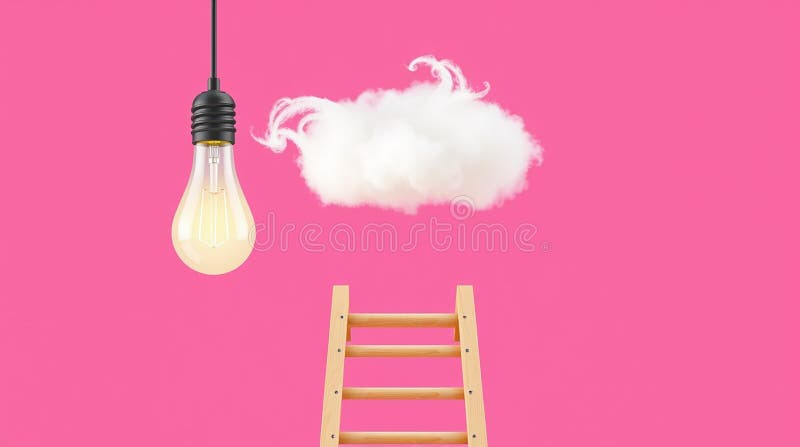 Lightbulb, cloud, ladder on pink stock illustration