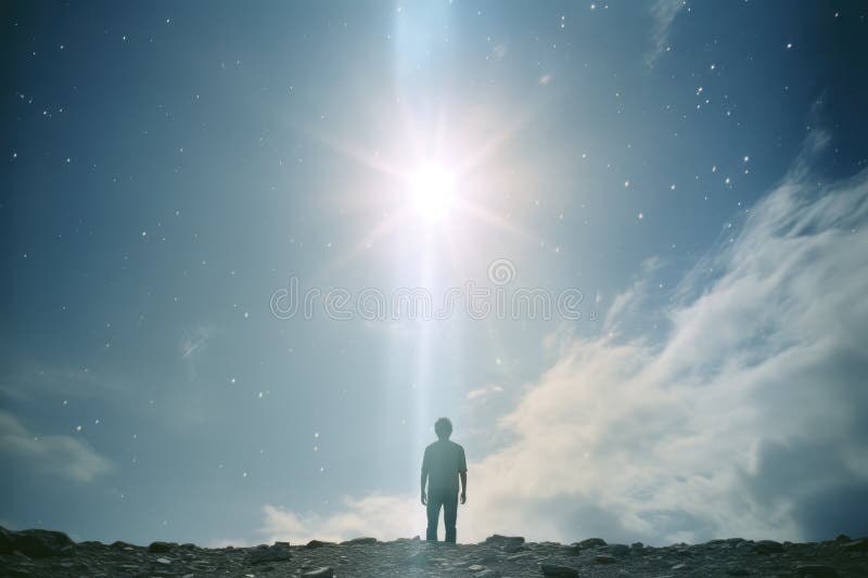Conceptual image of a man standing on top of a mountain stock illustration