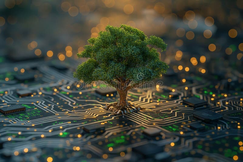 Conceptual image of a miniature tree growing on the surface of a computer board, the roots of which are integrated into the chip. Around the tracks, microchips and luminous dots transmit data. The concept of the synergy of nature and technology and the idea of sustainable development and green innovation in the digital age. AI generated