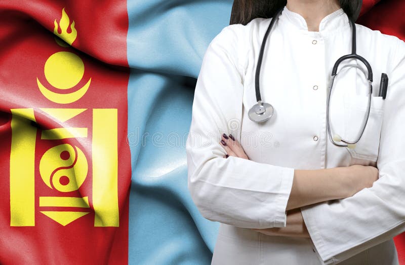 Mongolia Healthcare System in Tech Theme. Mongolian Flag on Computer Screen. Doctor Standing
