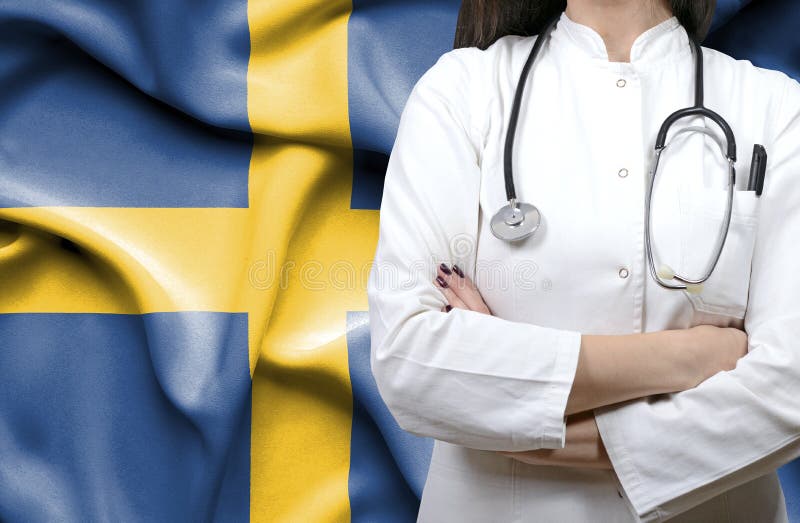 Sweden Healthcare System in Tech Theme. Swedish Flag on Computer Screen