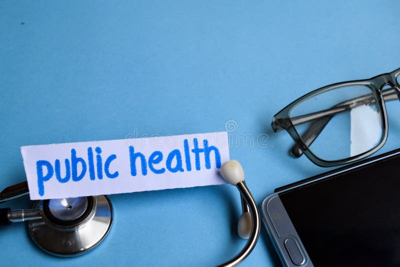 Public health inscription with the view of stethoscope, eyeglasses and smartphone on the blue background royalty free stock photos Public health inscription with the view of stethoscope, eyeglasses and smartphone on the blue background royalty free stock photos