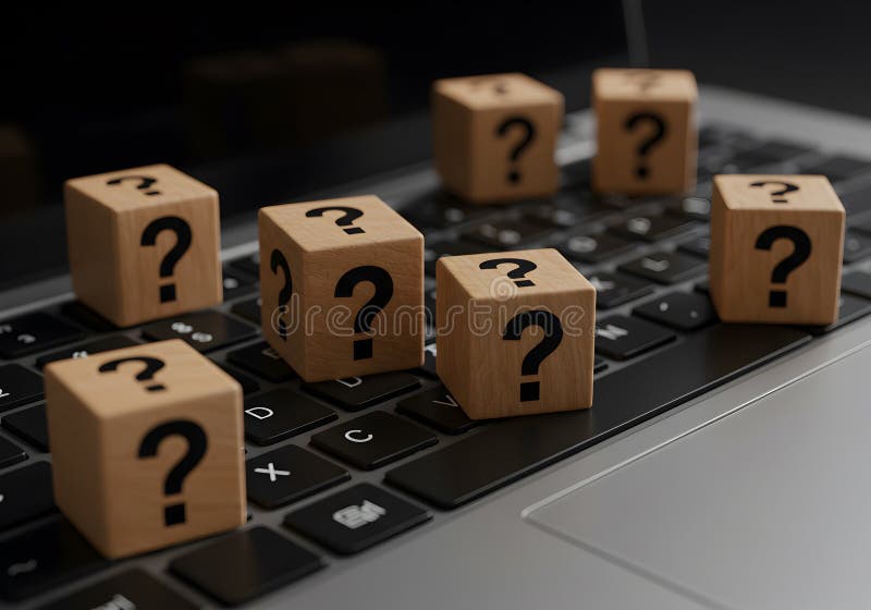 Question mark blocks on laptop keyboard concept of uncertainty and problem solving online research help needed vector illustration