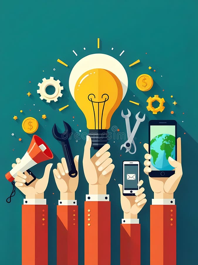 Conceptual image representing innovation and collaboration in business using various tools vector illustration