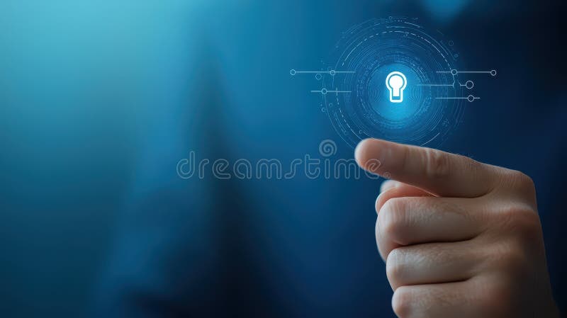 Finger locked with padlock, visual representation of security vulnerability and data protection stock illustration