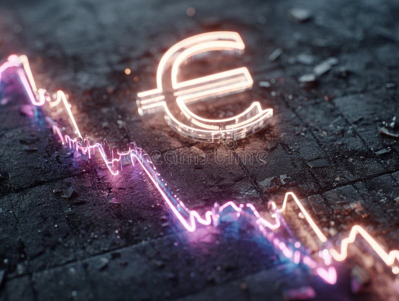 A conceptual image showcasing a 3D floating Euro symbol in neon lights, surrounded by digital financial graphs and stock photography