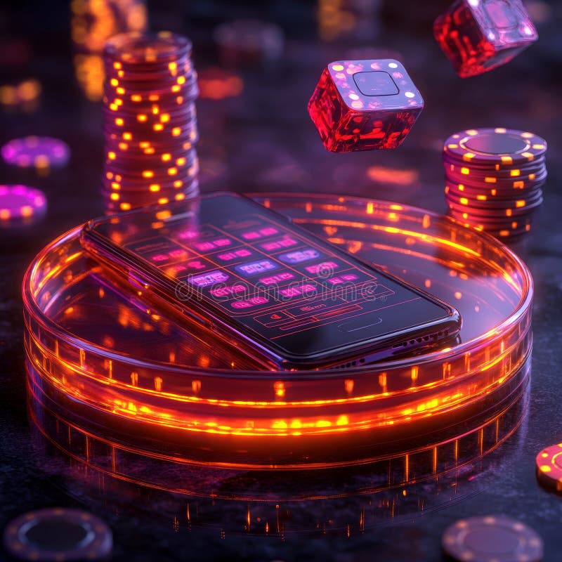 Conceptual image showcasing a smartphone on a futuristic platform amidst floating game chips and dice, symbolizing royalty free stock photography