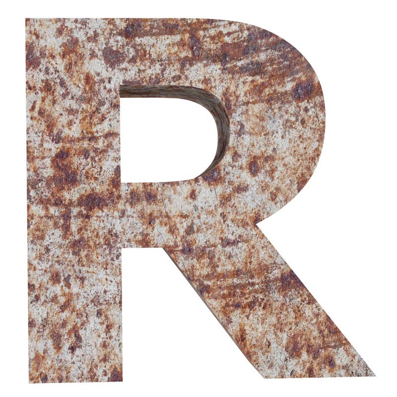Conceptual old rusted meta capital letter -R, iron or steel industry piece isolated white background. Educative rusty material, ag