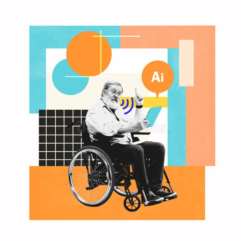 Conceptual pixel collage. Accessibility tech. Young man in wheelchair using tablet with AI speech bubble against vivid background stock images