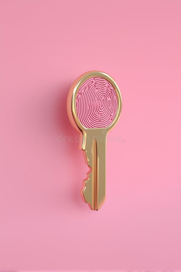 Conceptual rendering of a key with a fingerprint design, representing security, access, and identity in pink and gold tones stock illustration