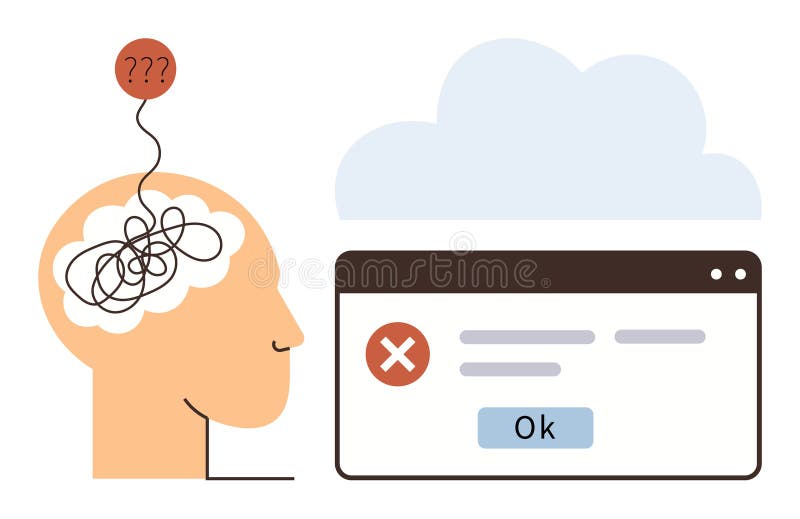 Human head with tangled thoughts and question mark paired with error message on browser window. Ideal for mental health, technology error, problem-solving, frustration, digital confusion. Brain disconnect vectors