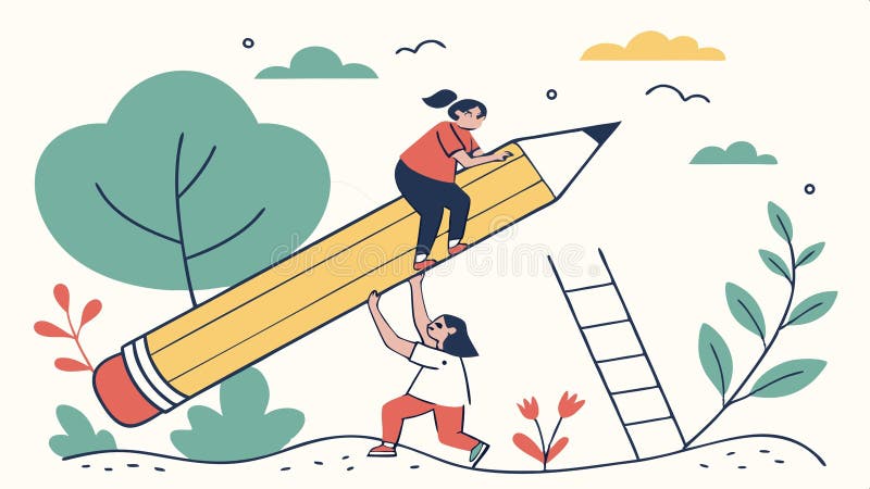Conceptual teamwork graphic people using pencil to build vector design Generative AI stock illustration