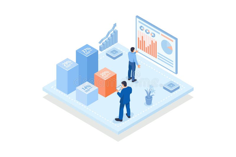 Conceptual template with analysts looking at column chart with percentage indicators. Scene for data science and information stock illustration