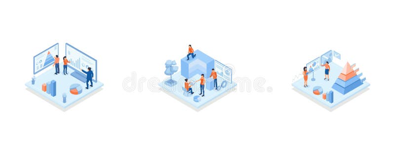 Conceptual template with people analyzing charts, diagrams, graphs, Conceptual template with people analyzing cube vector illustration