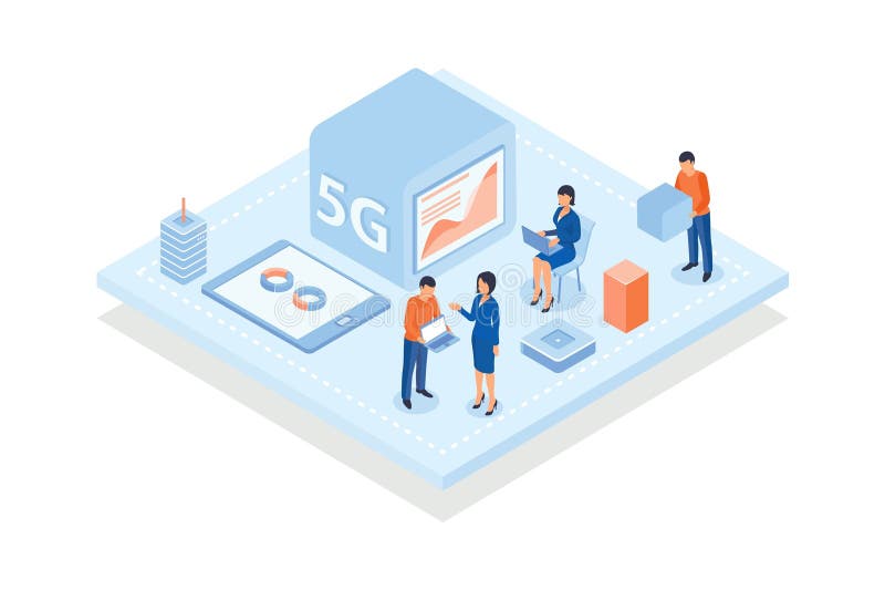 Conceptual template with people looking at charts and diagrams on screens of devices. Scene for mobile networks using 5G stock illustration