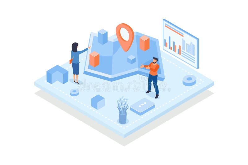 Conceptual template with people looking at city map with buildings. Scene for application for sharing real time location, street stock illustration