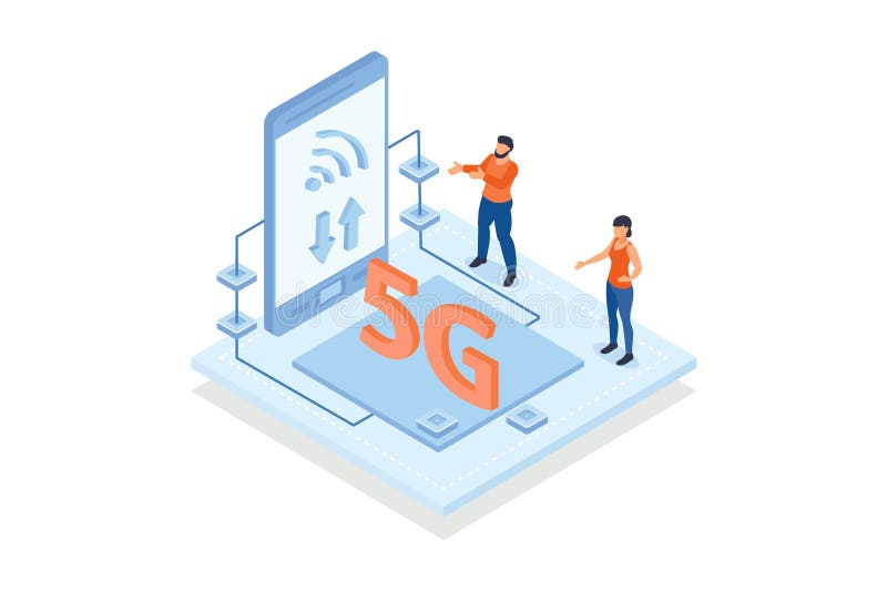 Conceptual template with people looking at phone with wifi signal on screen. Scene for 5G technology standard for mobile devices royalty free illustration