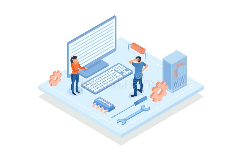 Conceptual template with people reparing integrated circuit or microchip inside system unit. Scene for computer hardware or royalty free illustration