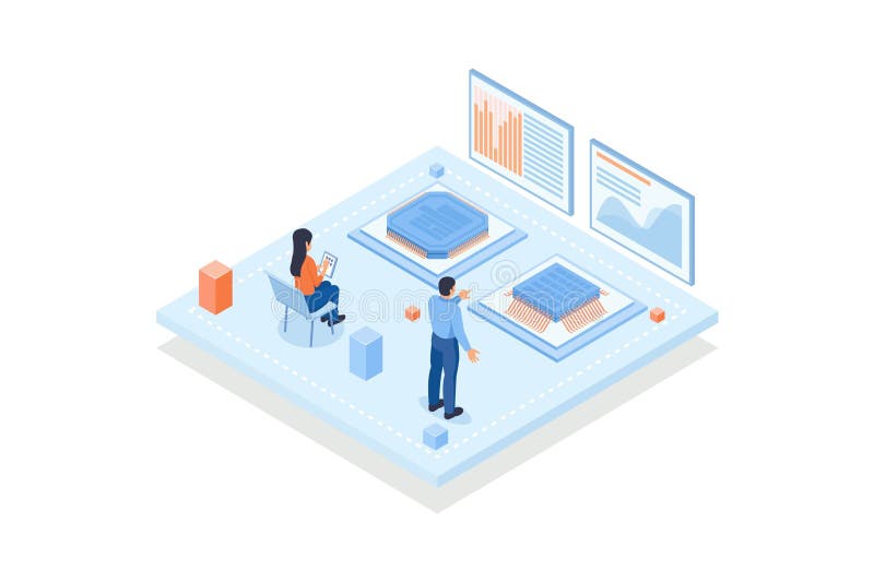 Conceptual template with people and screens with microprocessors performance metrics or indicators. Scene for microchip or vector illustration