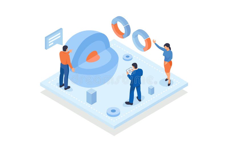 Conceptual template with sphere with cut out piece surrounded by analysts. Scene for future of material analysis or research vector illustration