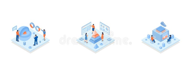 Conceptual template with sphere with cut out piece surrounded by analysts royalty free illustration