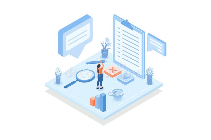 Conceptual template with woman filling in form or answering questions. Scene for online public survey, statistical study or royalty free illustration