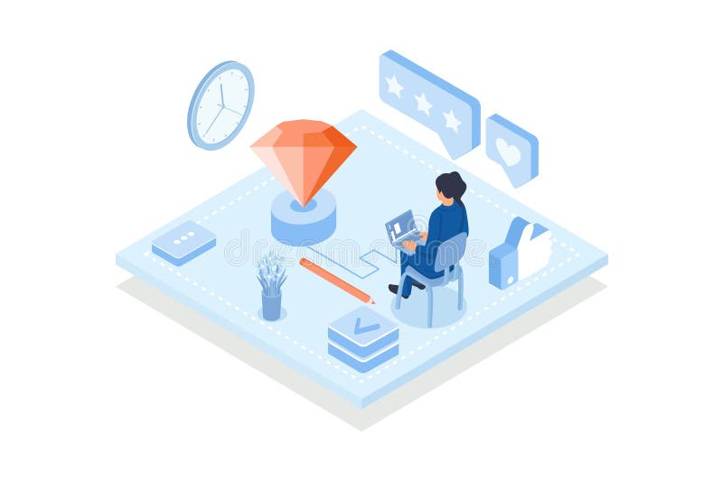 Conceptual template with woman working on keyboard connected to platform with diamond. Scene for creation of quality design stock illustration