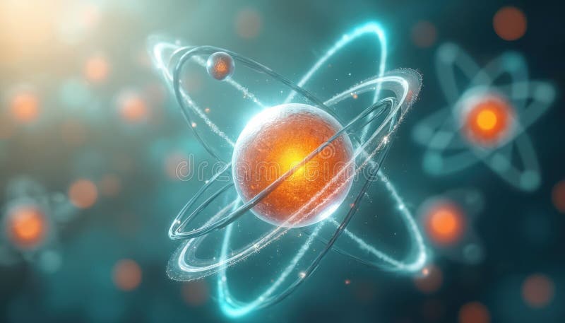 Conceptual visualization of atomic structure with electrons orbiting nucleus, representing quantum mechanics concepts. Bright royalty free stock image