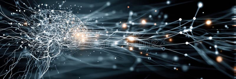 Conceptual Visualization of Brain-Computer Interface Showcasing Neural Connections, Sparks, and Data Transmission in a royalty free stock photography