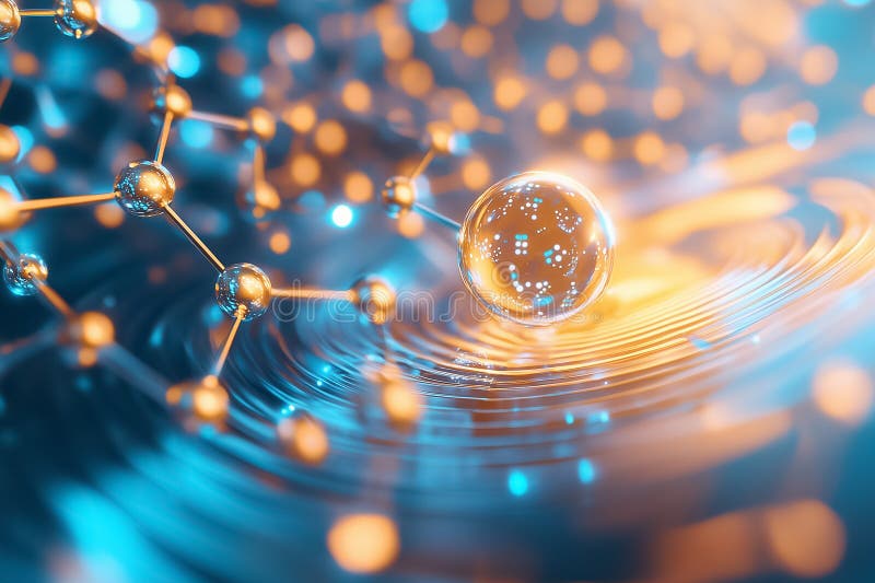 Conceptual visualization of quantum computing components blending with glowing particles in a vibrant digital landscape stock photo