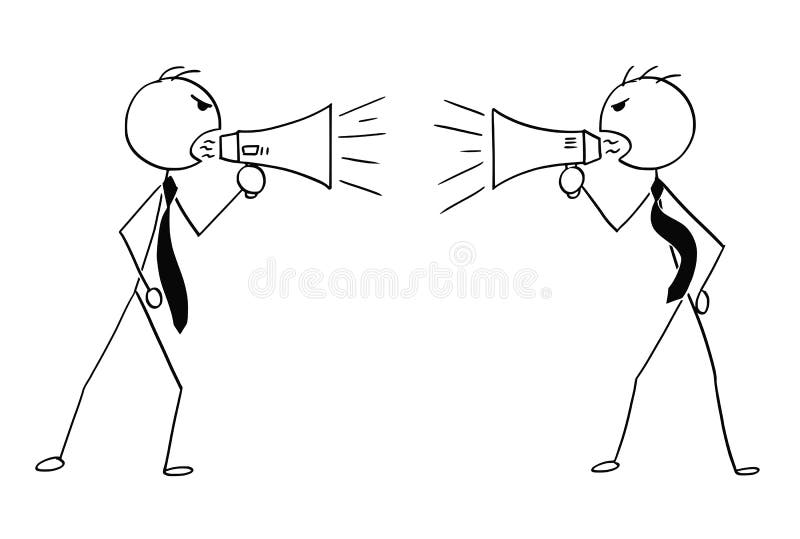 Cartoon stick man drawing conceptual illustration of two angry businessmen using megaphone to talk to each other. Cartoon stick man drawing conceptual illustration of two angry businessmen using megaphone to talk to each other.