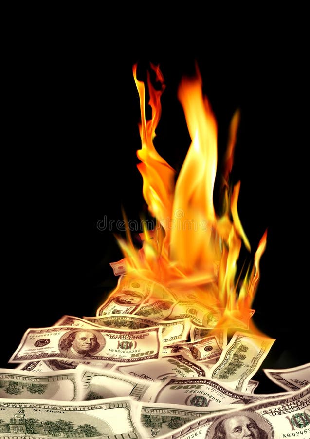 Conceptueel financiënbeeld van het branden van stapel van geld, dollarrekeningen
