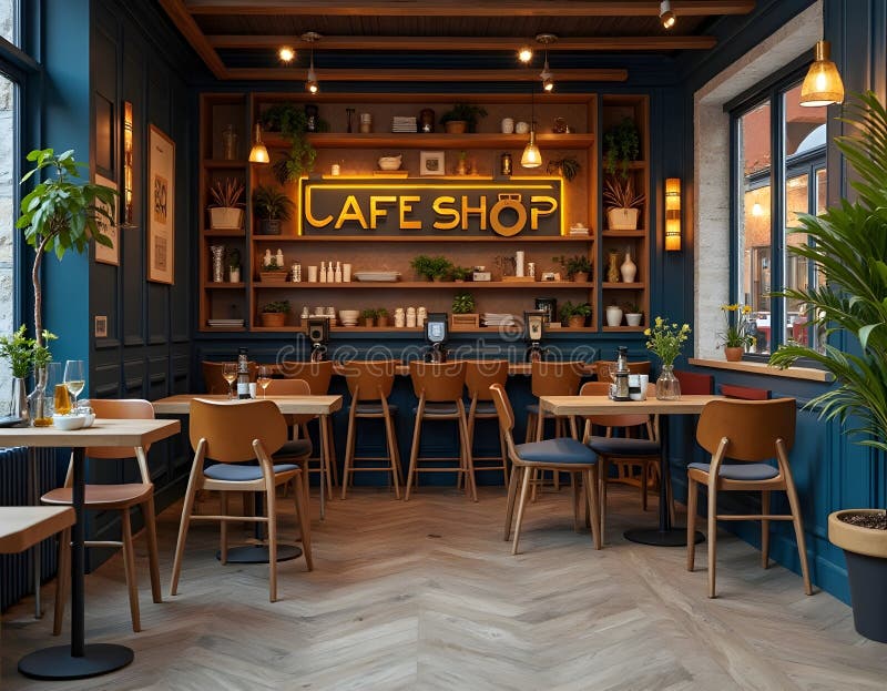 Conceptul de cafenea este simplu, dar arată elegant și luxos, cu mai multe mese pentru vizitatori. royalty free stock photo