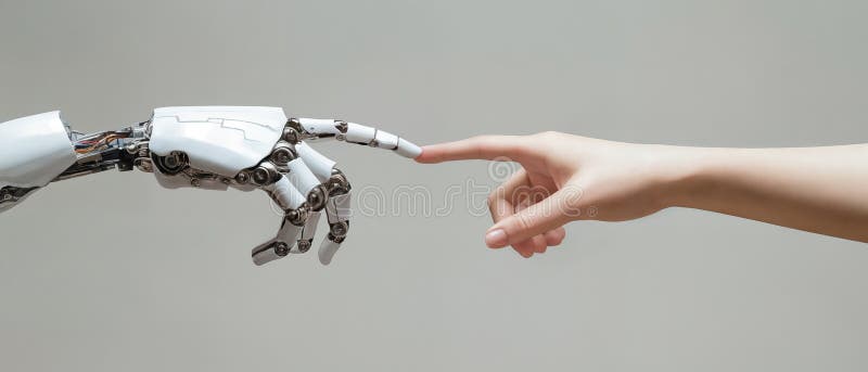 Conceptul de comunicare între mâna umană și cea umană care atinge mâna robot. Imagine generată de AI a conceptului de comunicare între mâna umană și cea umană care atinge un robot