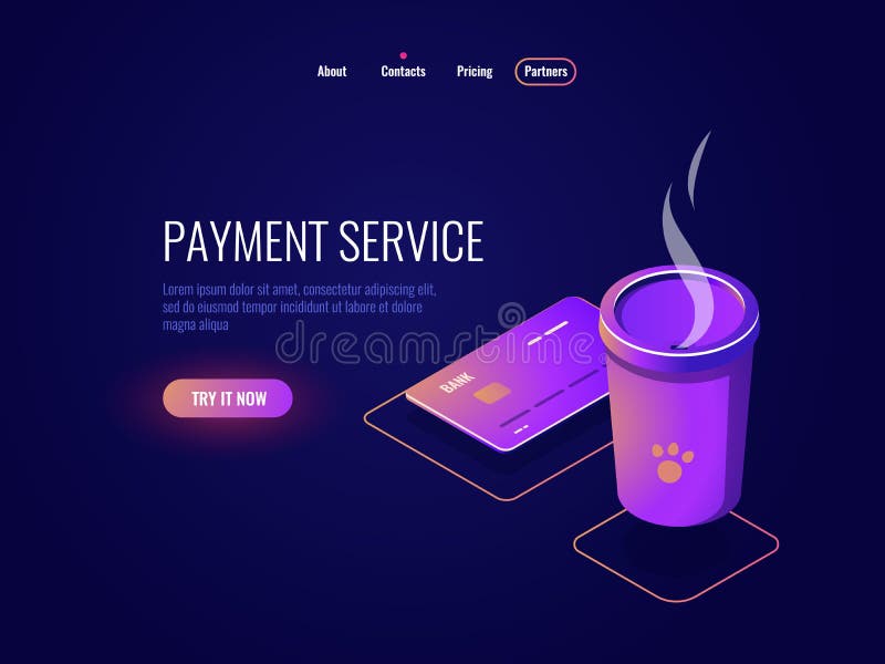 Conceptul de plată și de placă de credit bancară online Cupa de cafea cu monedă electronică Dark neon vector royalty free illustration