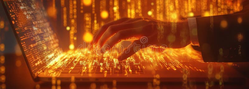 Conceptul de tehnologie digitală : un programator care lucrează pe un laptop pentru a gestiona date mari cu cod de computer afișat royalty free stock photos