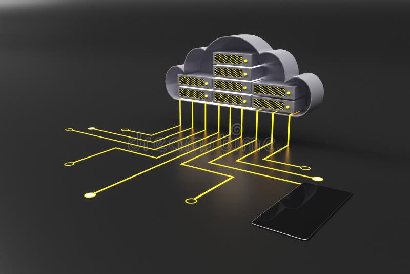 Conceito de nuvem móvel e dados com circuito na nuvem, fios e telemóvel ilustração stock