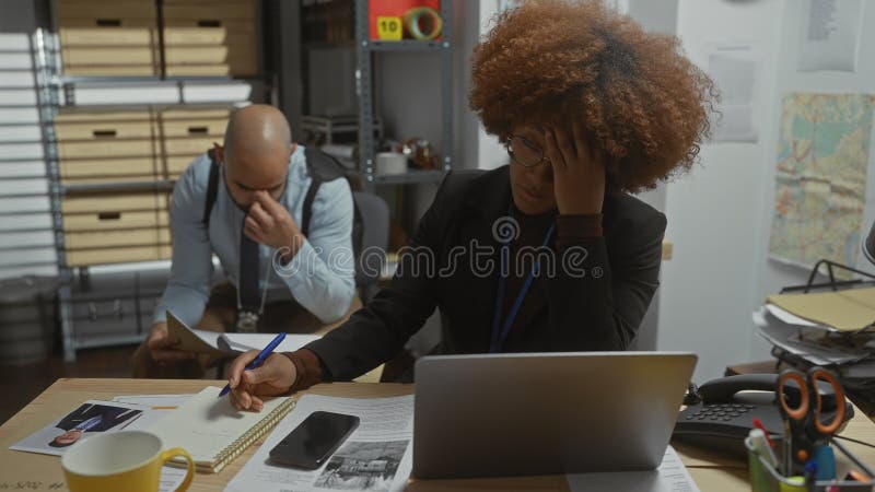 A concerned woman and man analyze documents in a cluttered detective office, surrounded by maps and evidence royalty free stock images