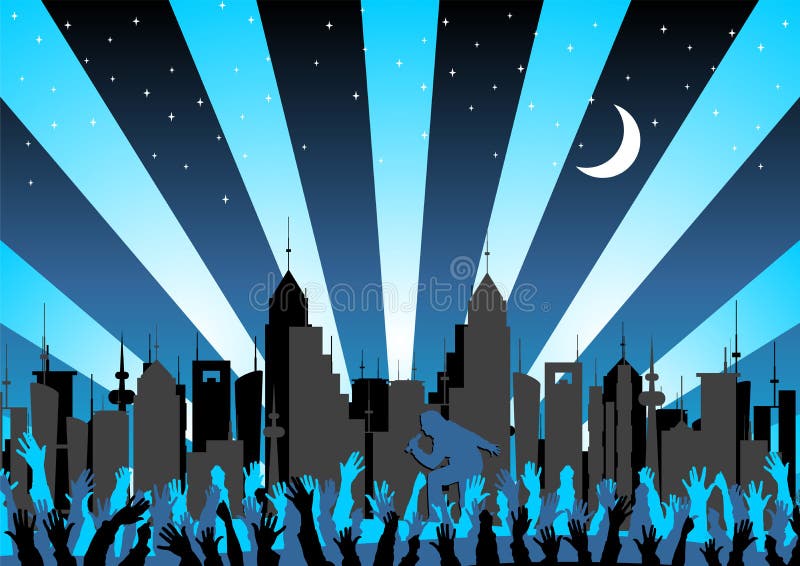 Concert crowd and woman singing over starry city skyline. Woman singing vectors