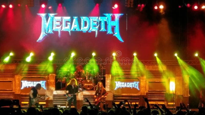 Megadeth performing on stage in concert in Bucharest, Romania. Megadeth performing on stage in concert in Bucharest, Romania.