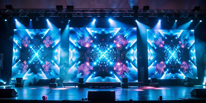 O scenă de concert cu trei ecrane video mari care afișează modele geometrice abstracte. scena este iluminată de royalty free illustration