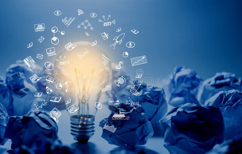 Concetti di creatività e di idea con l'ardore della lampadina e la palla sgualcita di carta Pensi alla scatola Soluzione di affar illustrazione di stock