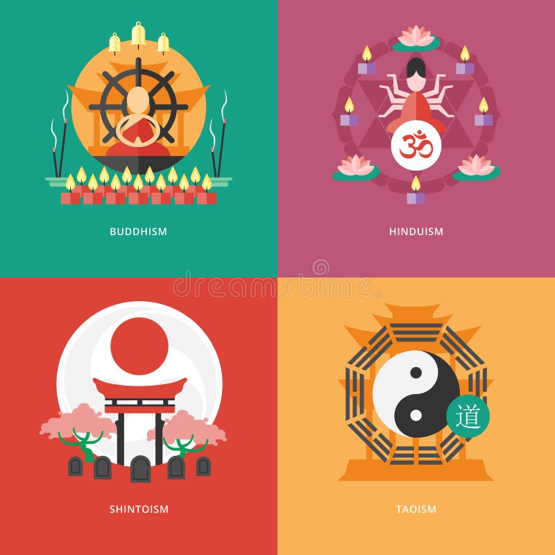 Set of flat design concept icons for religions and confessions. Icons for buddhism, hinduism, shintoism, taoism. Set of flat design concept icons for religions and confessions. Icons for buddhism, hinduism, shintoism, taoism.