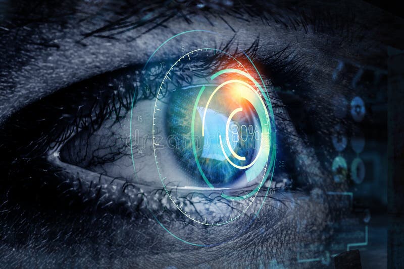 Concetto alta tecnologia astratto dell'occhio. Chiuda su dell'occhio e della scala rotonda digitale