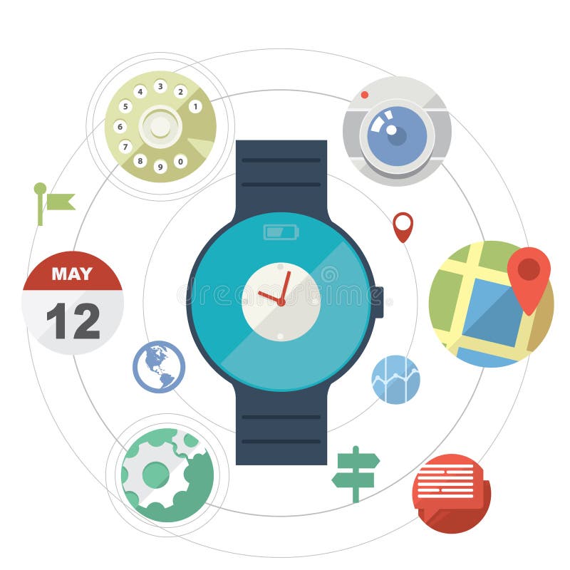 Concetto astuto dell'orologio con le icone illustrazione vettoriale Concetto astuto dell'orologio con le icone illustrazione vettoriale