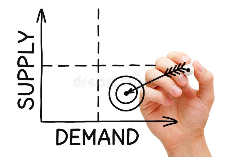 Hand sketching high demand low supply graph concept with black marker on transparent wipe board isolated on white. Hand sketching high demand low supply graph concept with black marker on transparent wipe board isolated on white.