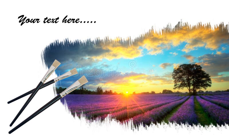 Concetto creativo del tramonto della lavanda della pittura immagini stock libere da diritti Concetto creativo del tramonto della lavanda della pittura immagini stock libere da diritti
